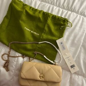 Tory Burch Tan Quilted Crossbody Bag with Gold Chain